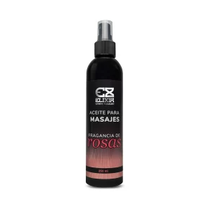 Botella de 250ml del aceite para masajes Elixir con aroma a rosas y extractos naturales.