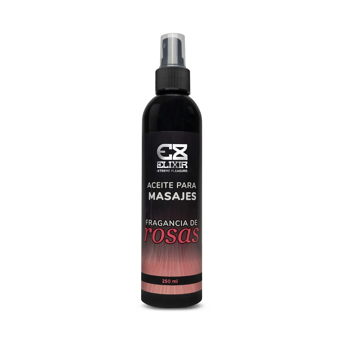 Botella de 250ml del aceite para masajes Elixir con aroma a rosas y extractos naturales.