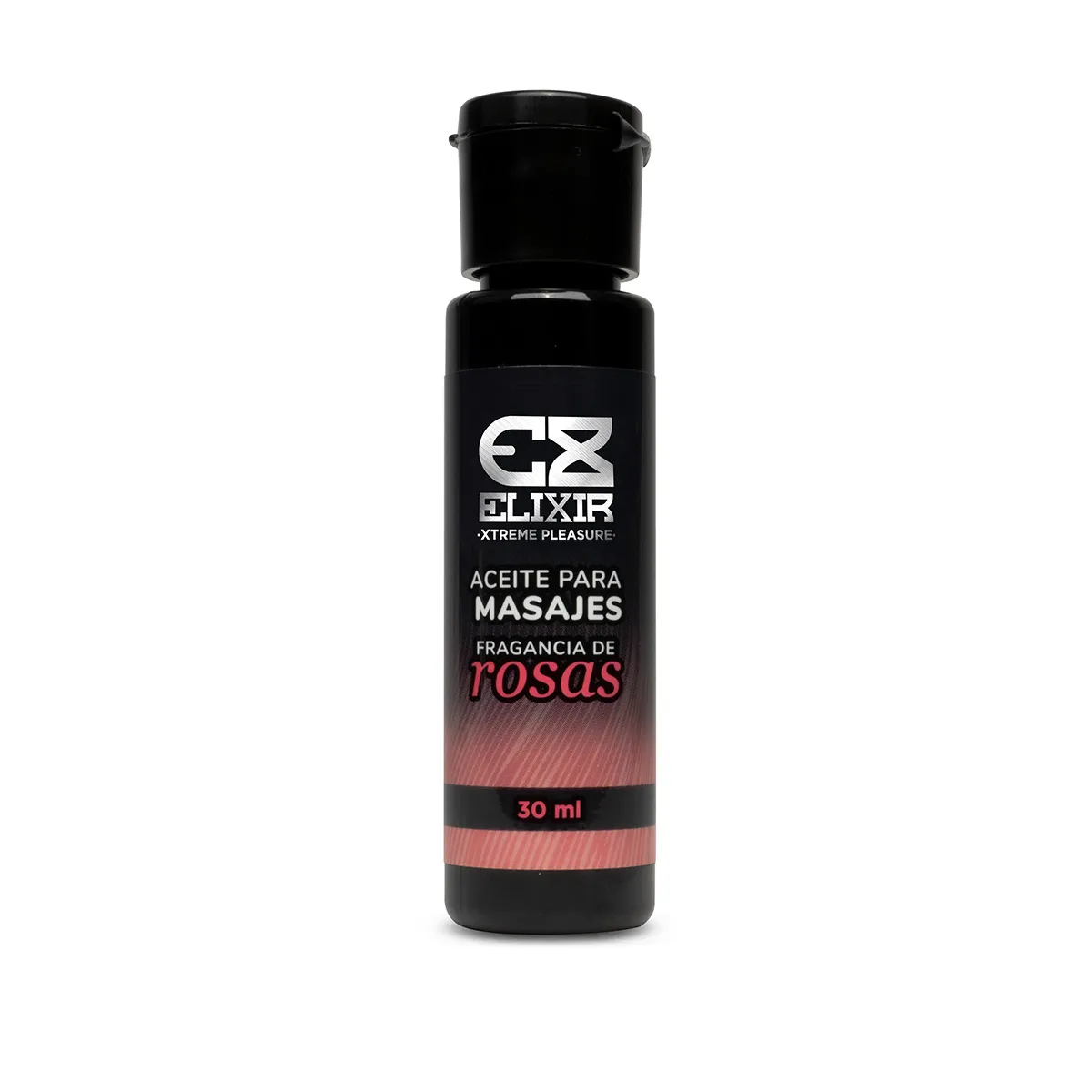 Botella de 30ml del aceite para masajes Elixir con aroma a rosas y extractos naturales estimulantes.