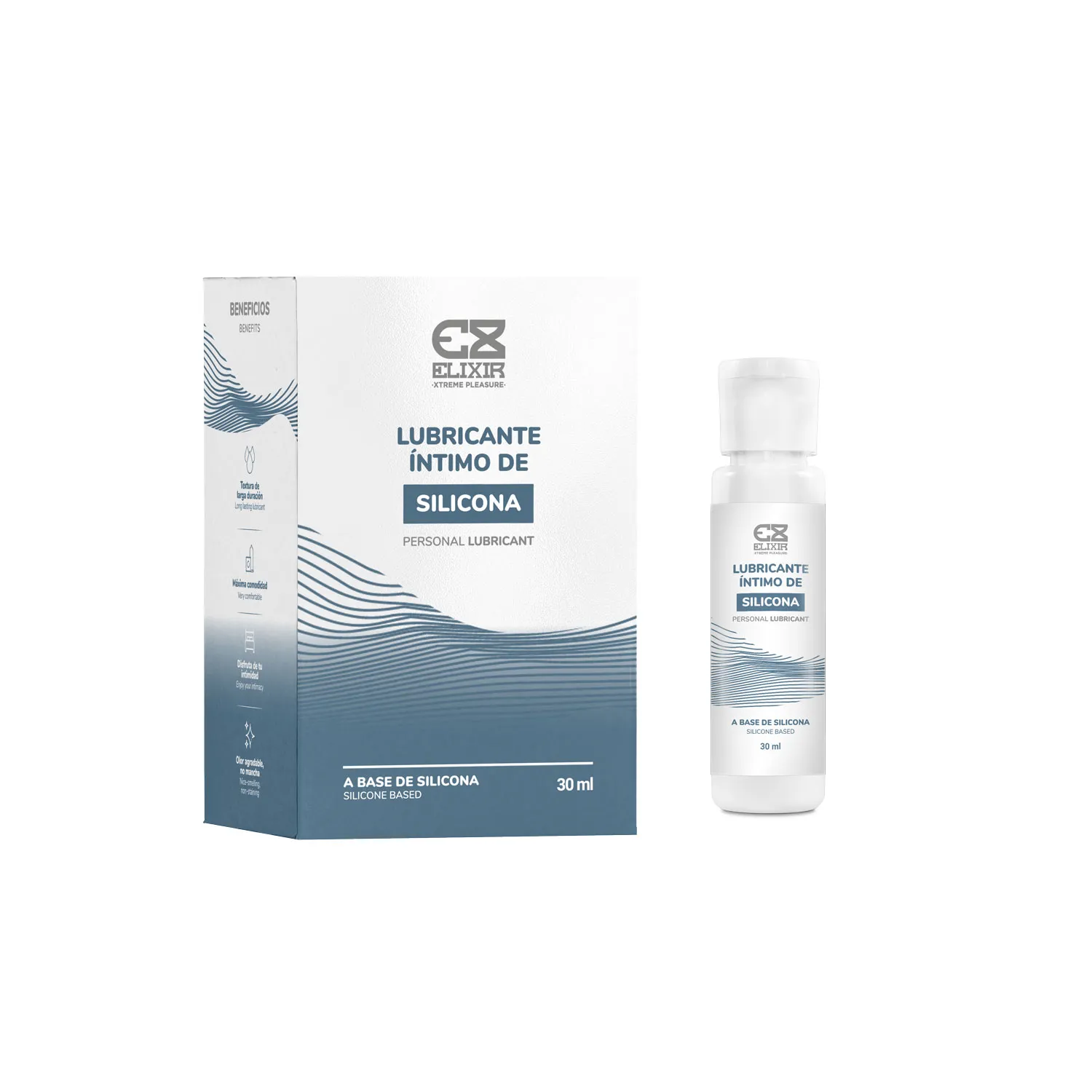 Botella del lubricante de silicona Elixir de 30ml con su empaque sobre un fondo blanco.