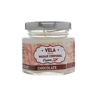 Vela para masajes con aroma a chocolate en su envase de 30g, lista para ser encendida.