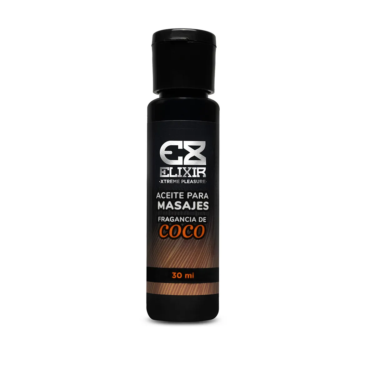 Botella de 30ml del aceite para masajes Elixir con aroma a coco sobre un fondo blanco.